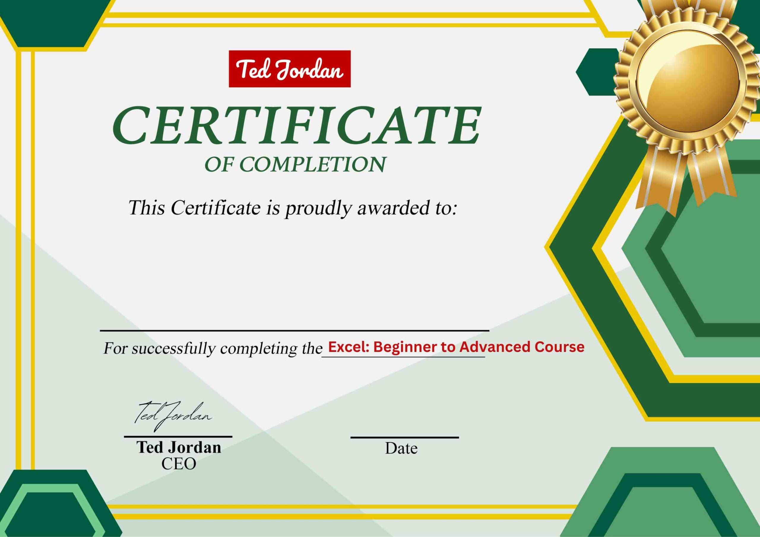 Ted Jordan Excel Certificate.